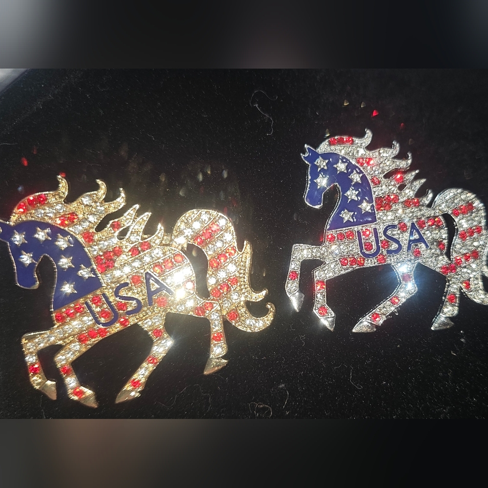 Qty 2 NWT Patriotic USA Flag Rhinestone Horse Brooches – Gold & Silver Tone - Picture 4 of 9
